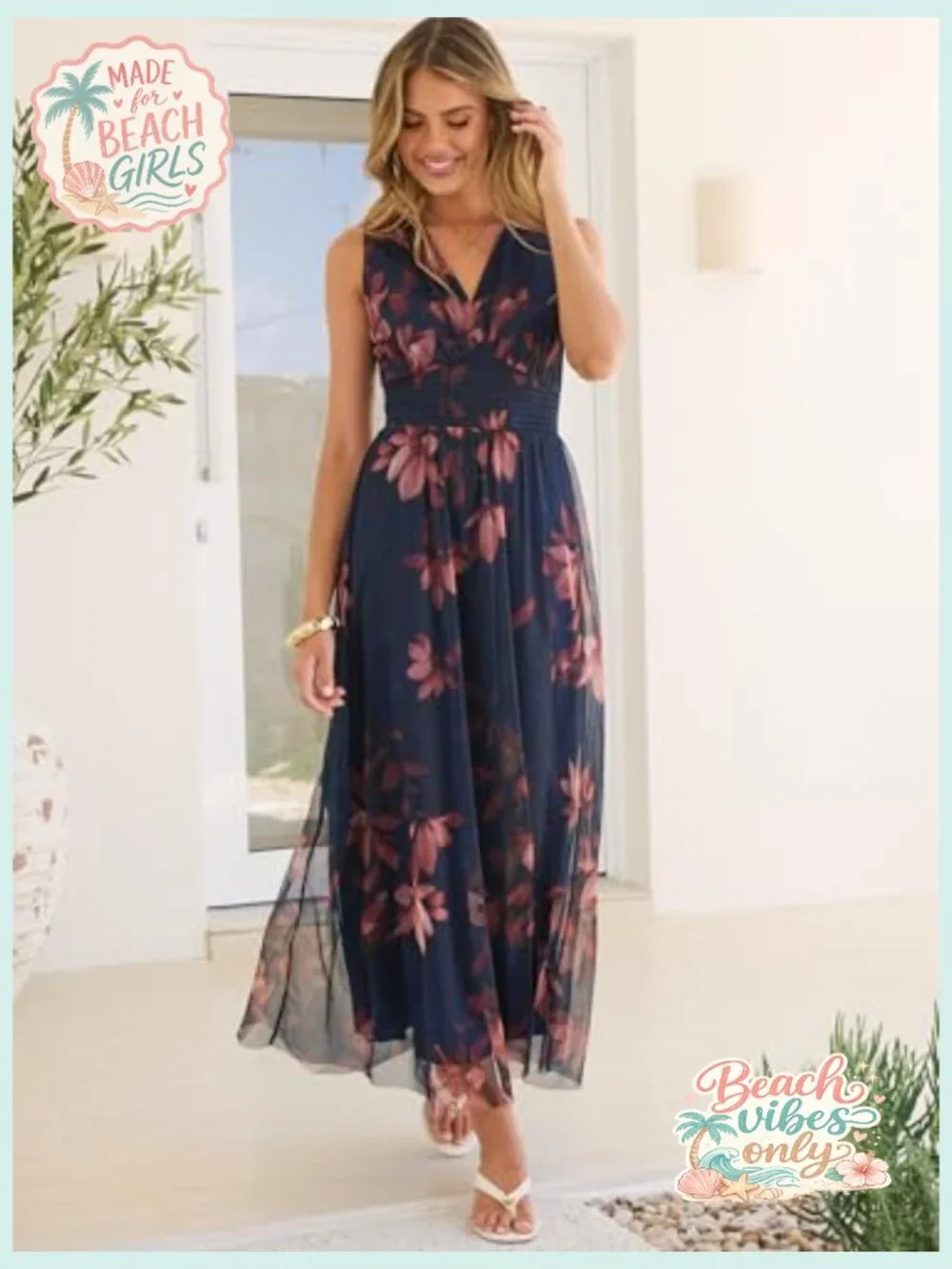 Floral Maxi Dress for Wedding Guest, Sleeveless A-Line Tulle - Picture 5 of 7